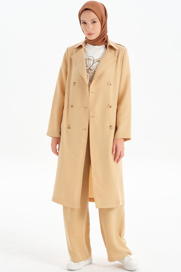 Epaulette Double Breasted Buttoned Trench Coat - Beige