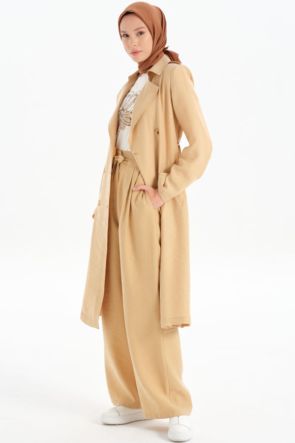 Epaulette Double Breasted Buttoned Trench Coat - Beige