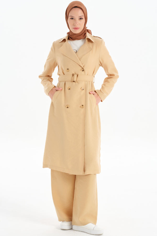 Epaulette Double Breasted Buttoned Trench Coat - Beige