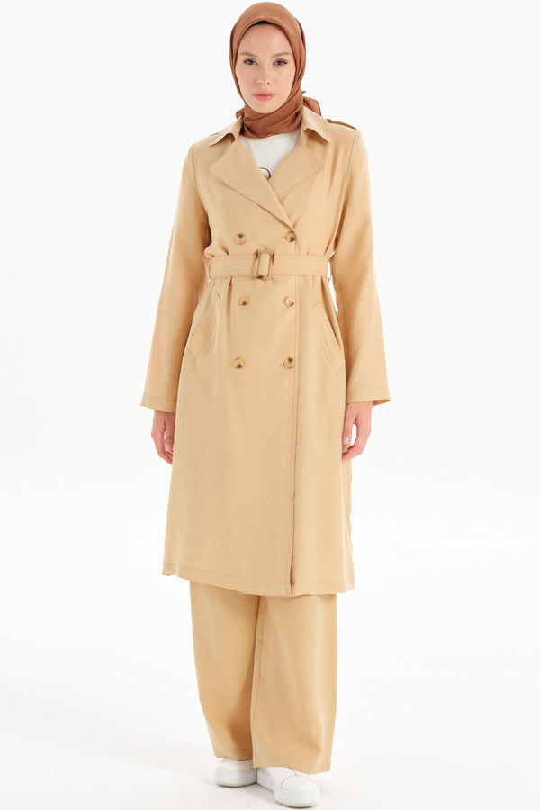 Epaulette Double Breasted Buttoned Trench Coat - Beige