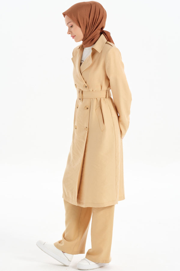 Epaulette Double Breasted Buttoned Trench Coat - Beige