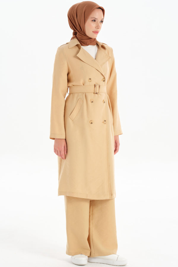 Epaulette Double Breasted Buttoned Trench Coat - Beige