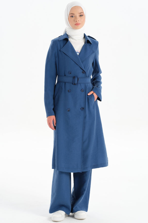 Double Breasted Buttoned Trench Coat with Epaulettes - Indigo