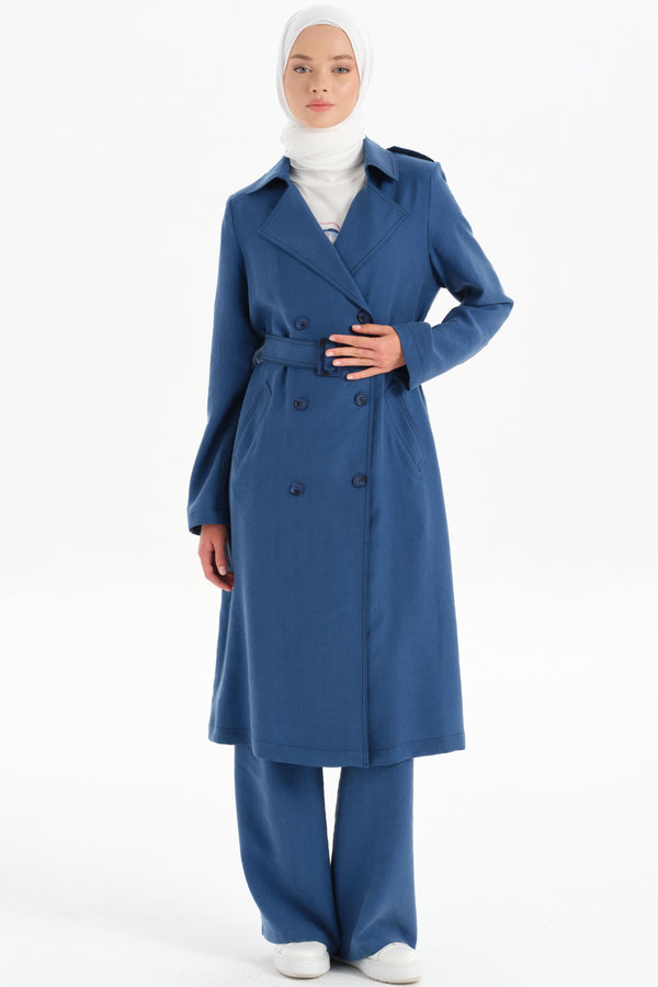 Double Breasted Buttoned Trench Coat with Epaulettes - Indigo