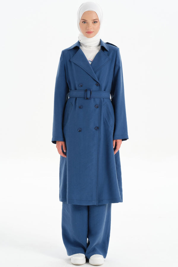 Double Breasted Buttoned Trench Coat with Epaulettes - Indigo