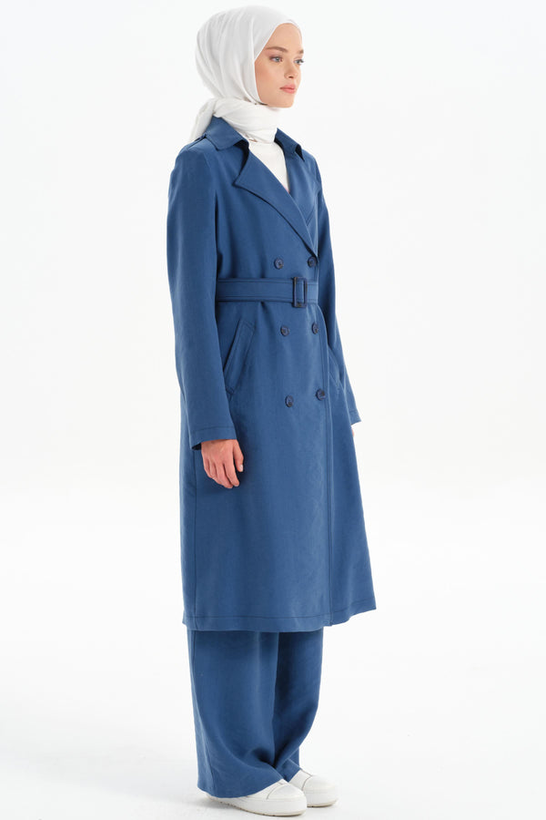 Double Breasted Buttoned Trench Coat with Epaulettes - Indigo