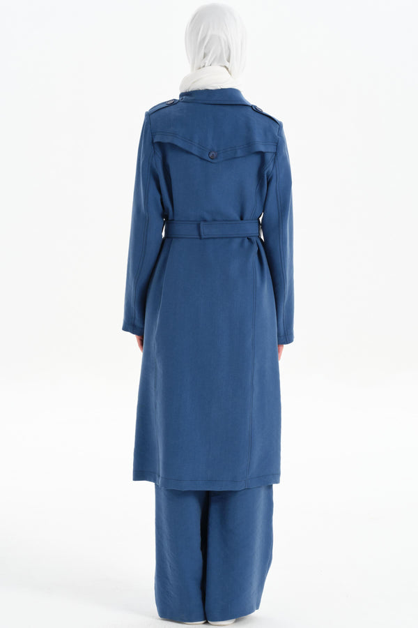 Double Breasted Buttoned Trench Coat with Epaulettes - Indigo