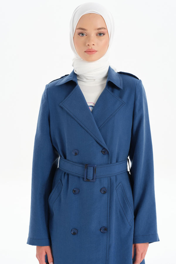 Double Breasted Buttoned Trench Coat with Epaulettes - Indigo