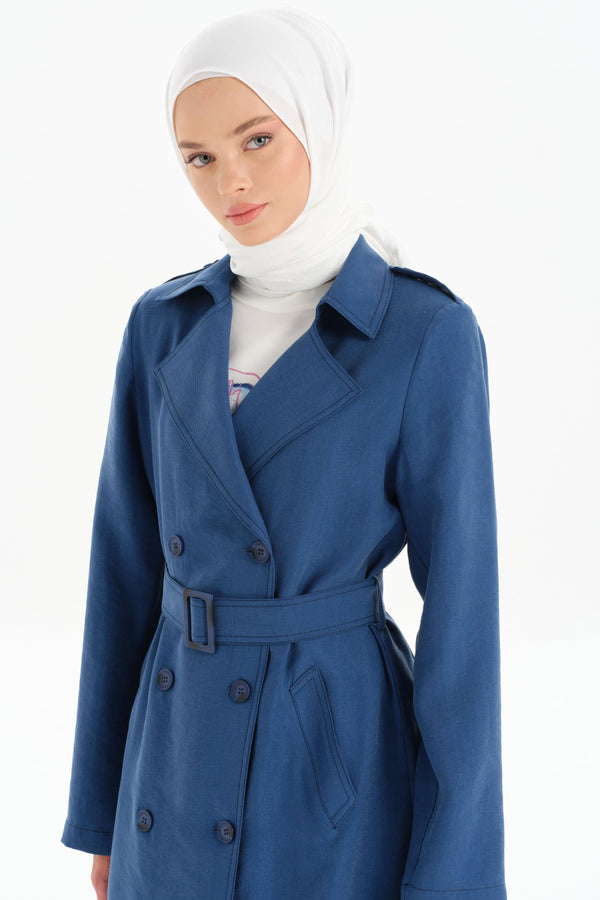 Double Breasted Buttoned Trench Coat with Epaulettes - Indigo