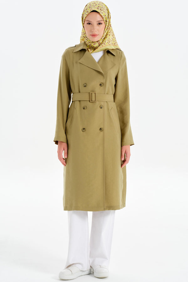 Double Breasted Buttoned Trench Coat with Epaulettes - Olive