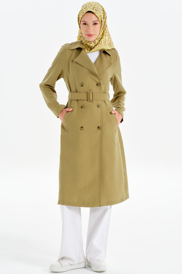 Double Breasted Buttoned Trench Coat with Epaulettes - Olive