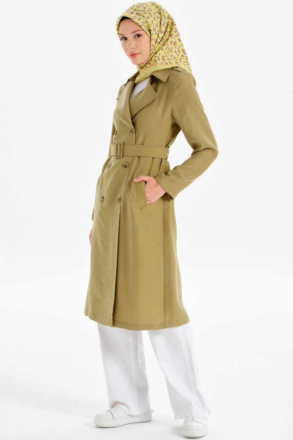 Double Breasted Buttoned Trench Coat with Epaulettes - Olive