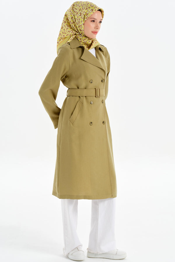 Double Breasted Buttoned Trench Coat with Epaulettes - Olive