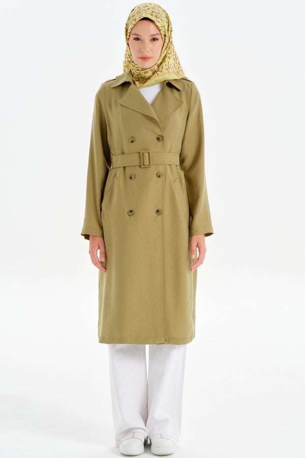 Double Breasted Buttoned Trench Coat with Epaulettes - Olive