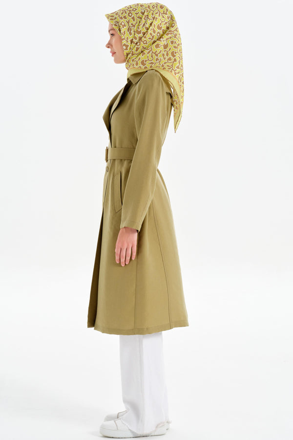 Double Breasted Buttoned Trench Coat with Epaulettes - Olive