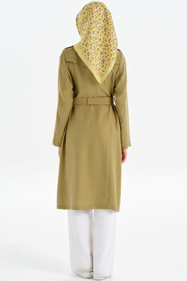 Double Breasted Buttoned Trench Coat with Epaulettes - Olive