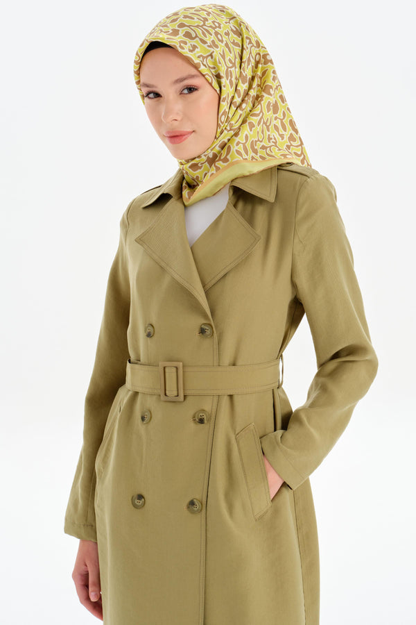 Double Breasted Buttoned Trench Coat with Epaulettes - Olive