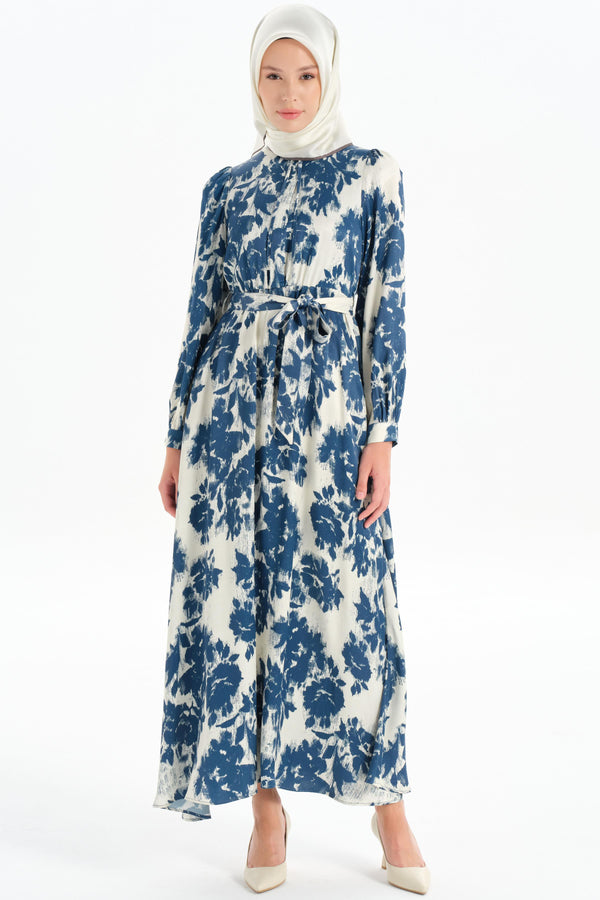 Elastic Waist Patterned Dress - Blue