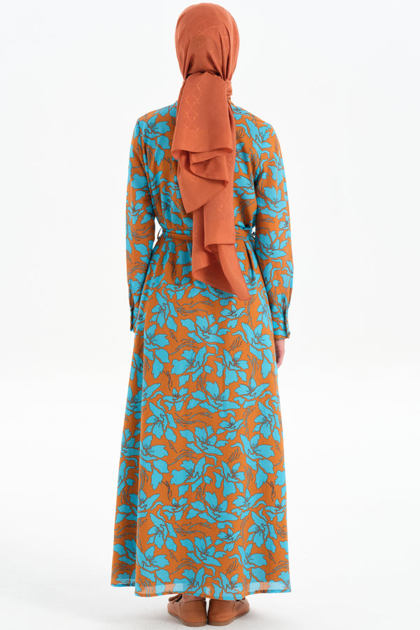 Waist Belted Patterned Dress - Brown