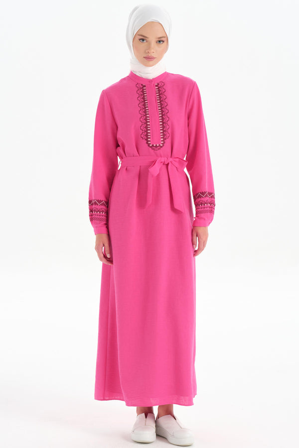 Belted Waist Embroidered Detail Dress - Fuchsia