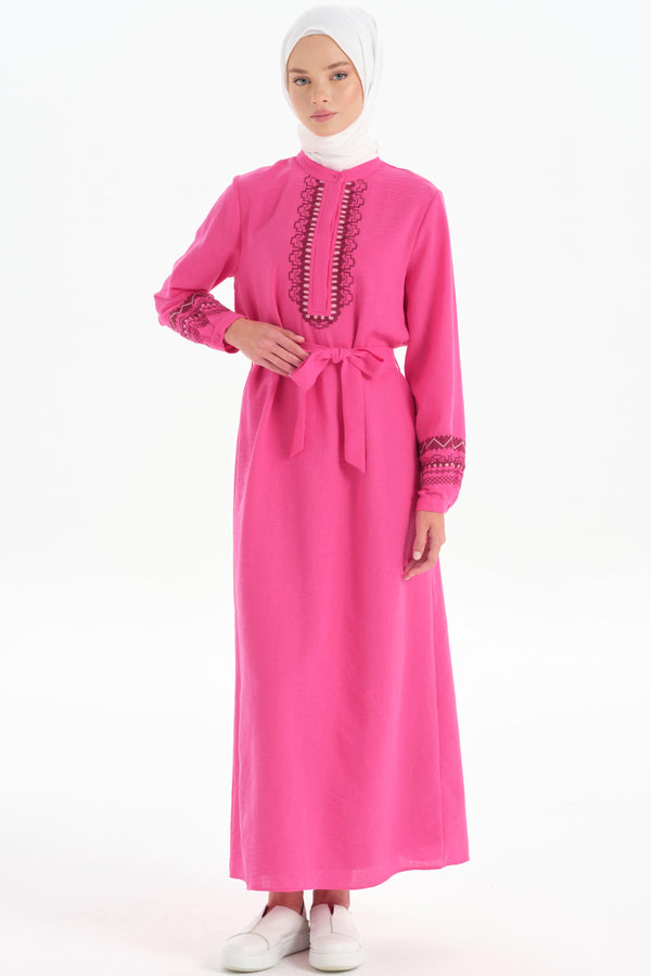 Belted Waist Embroidered Detail Dress - Fuchsia