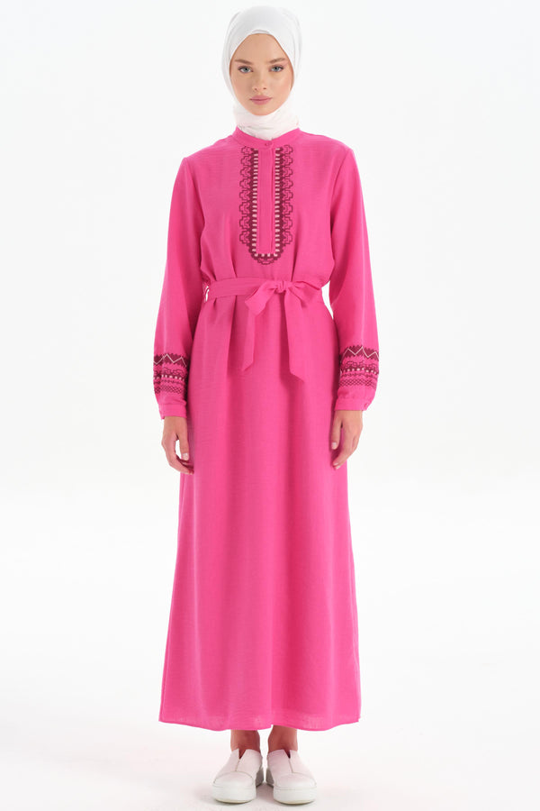 Belted Waist Embroidered Detail Dress - Fuchsia