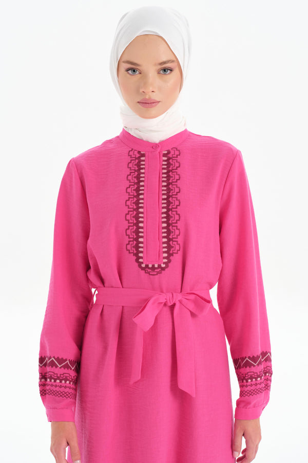 Belted Waist Embroidered Detail Dress - Fuchsia