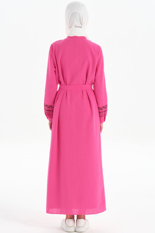 Belted Waist Embroidered Detail Dress - Fuchsia