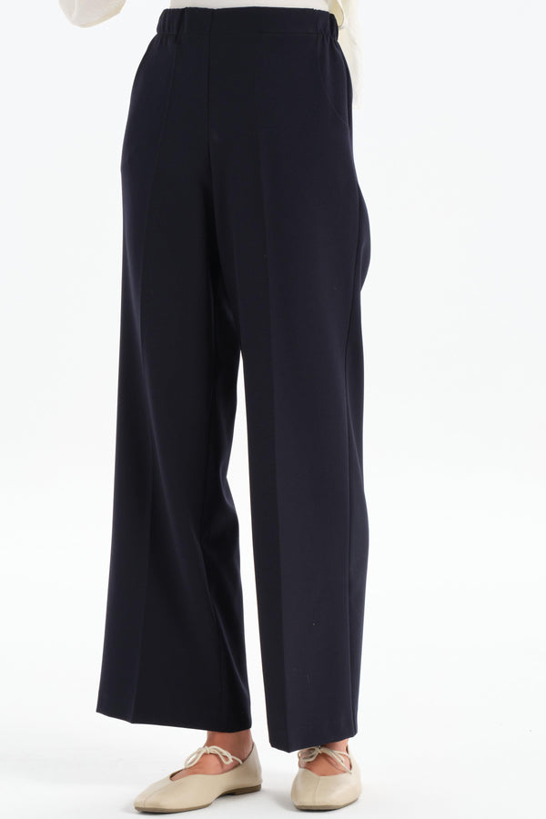 Elastic Waist Culotte Trousers - Navy Blue