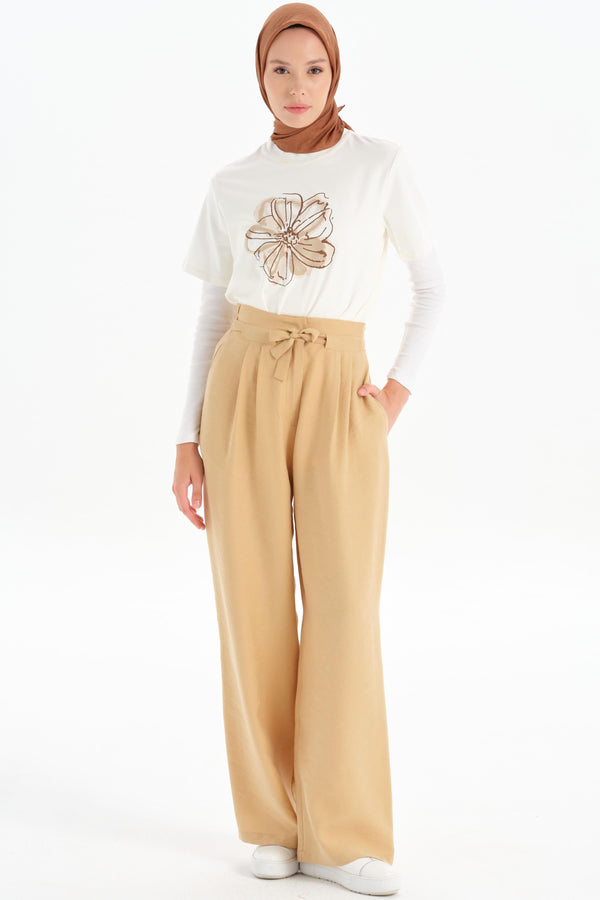 Waist Pleated Detail Wide Leg Trousers - Beige