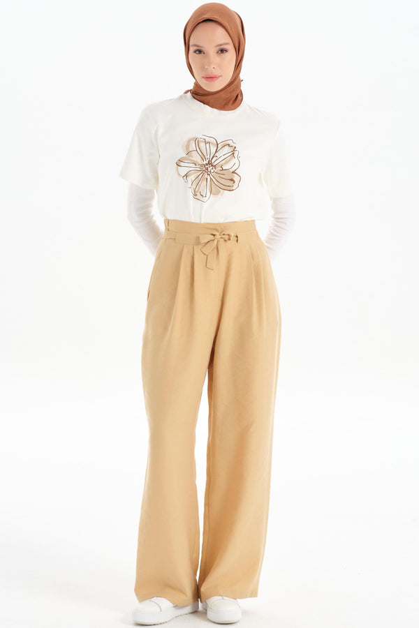 Waist Pleated Detail Wide Leg Trousers - Beige