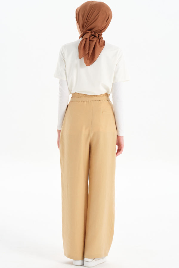 Waist Pleated Detail Wide Leg Trousers - Beige