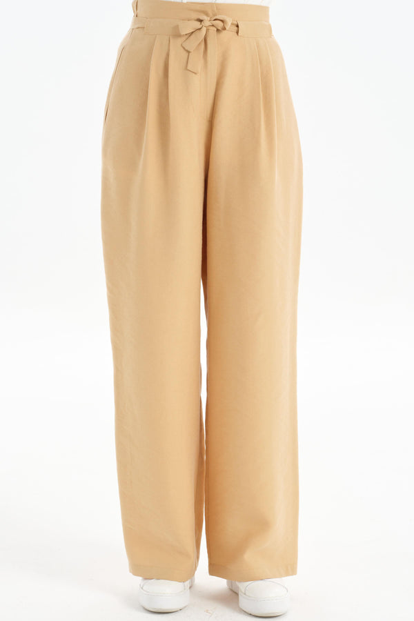 Waist Pleated Detail Wide Leg Trousers - Beige