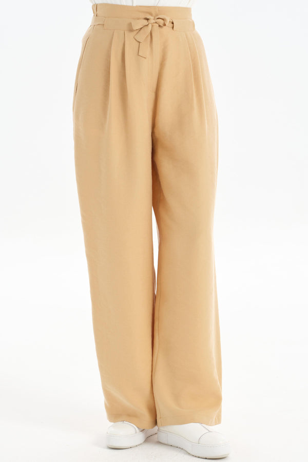 Waist Pleated Detail Wide Leg Trousers - Beige