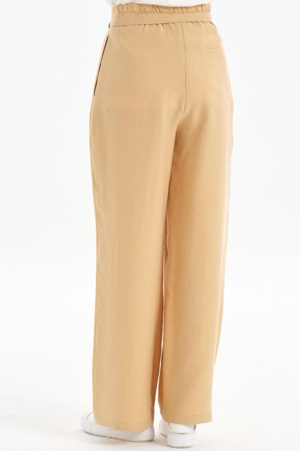 Waist Pleated Detail Wide Leg Trousers - Beige