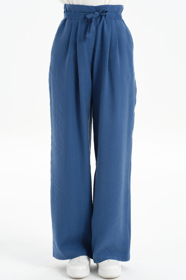 Waist Pleated Detail Wide Leg Trousers - Indigo