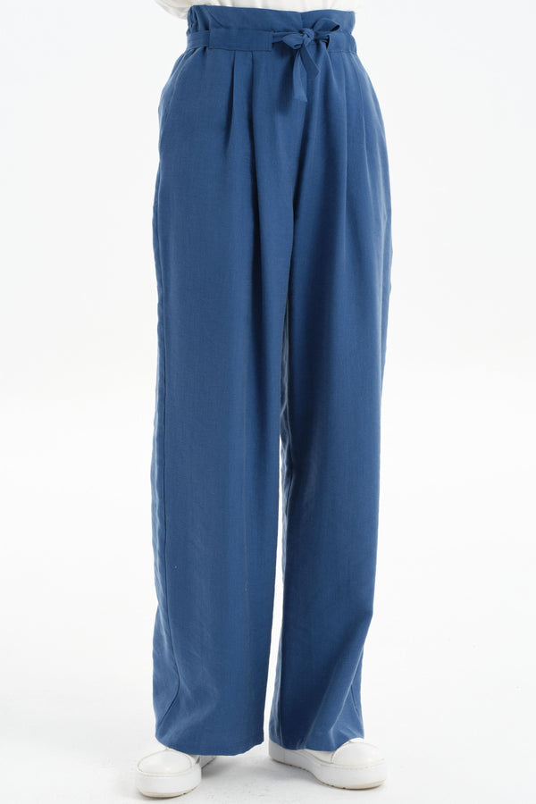 Waist Pleated Detail Wide Leg Trousers - Indigo