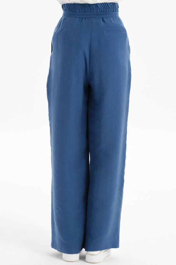 Waist Pleated Detail Wide Leg Trousers - Indigo