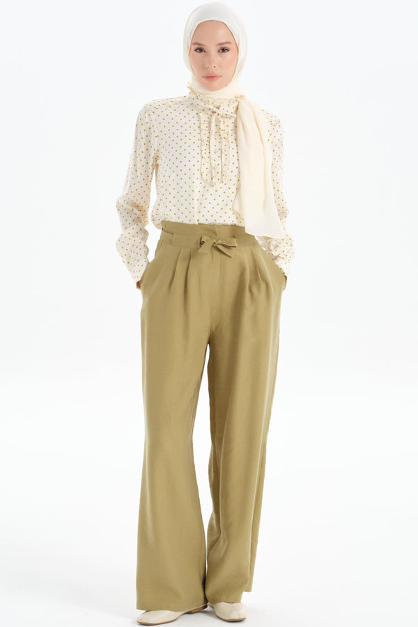 Pleated Waist Detail Wide Leg Trousers - Olive