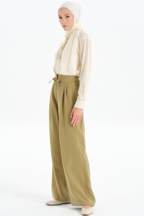 Pleated Waist Detail Wide Leg Trousers - Olive