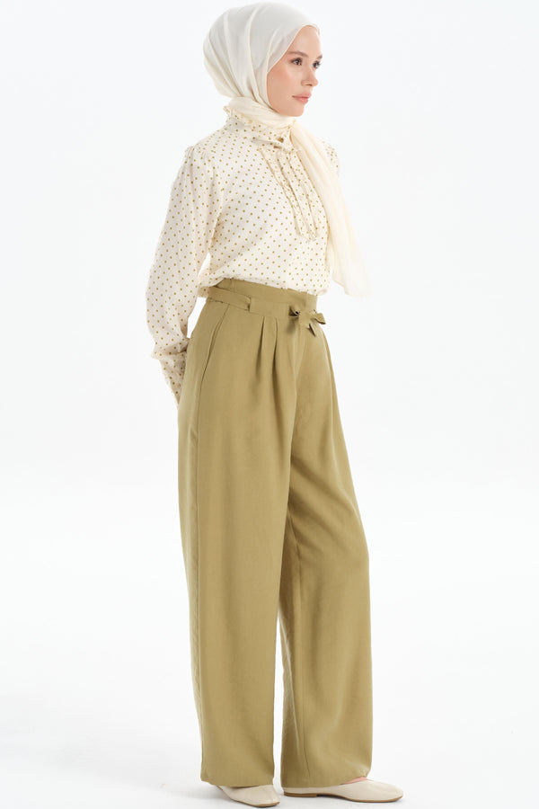 Pleated Waist Detail Wide Leg Trousers - Olive