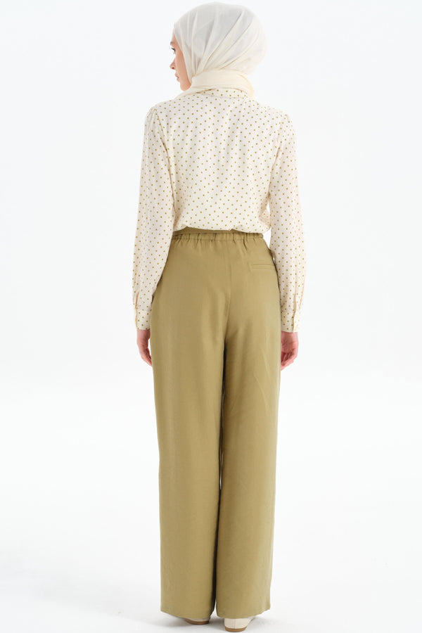 Pleated Waist Detail Wide Leg Trousers - Olive