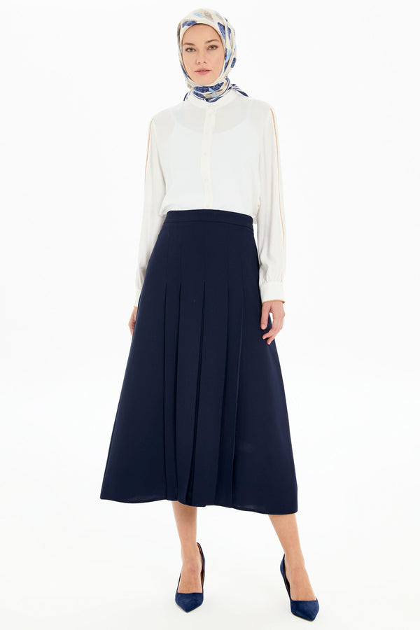 Plus Size Pleat Detailed Skirt - Navy Blue