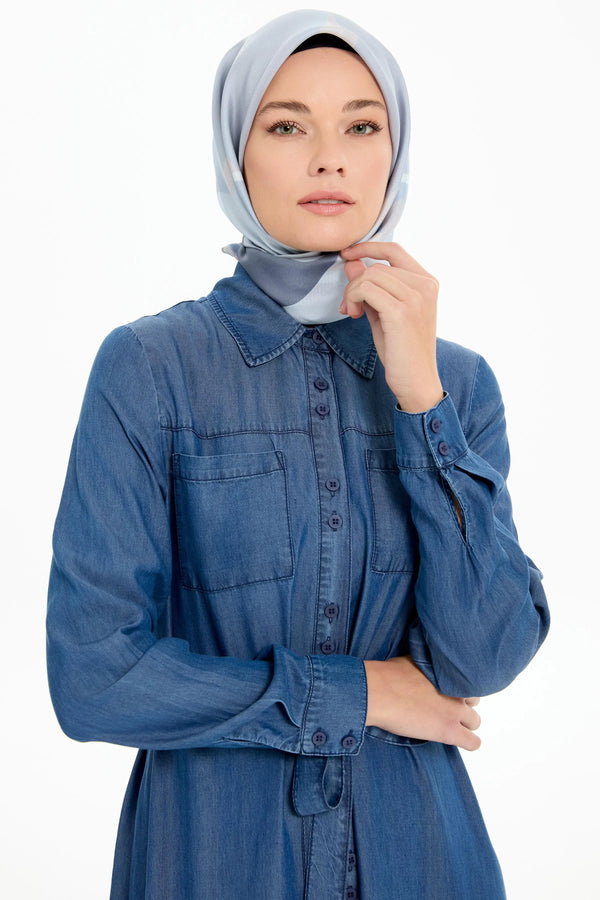 Çift Düğme Detaylı Bel Kuşaklı Denim Elbise - İndigo TUĞBA