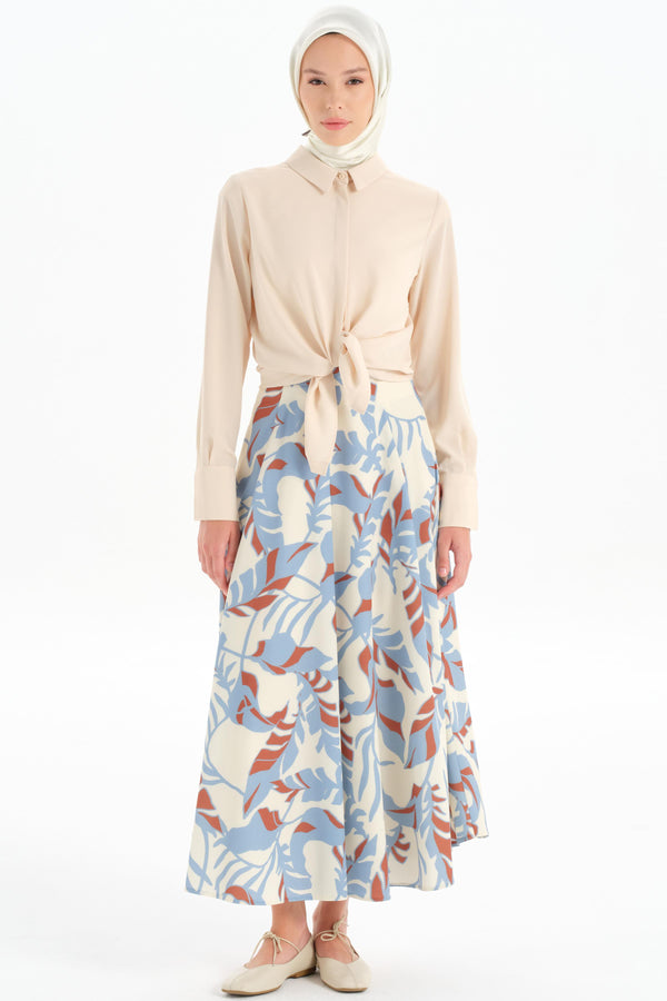 Patterned Pleated Detail Skirt - Blue