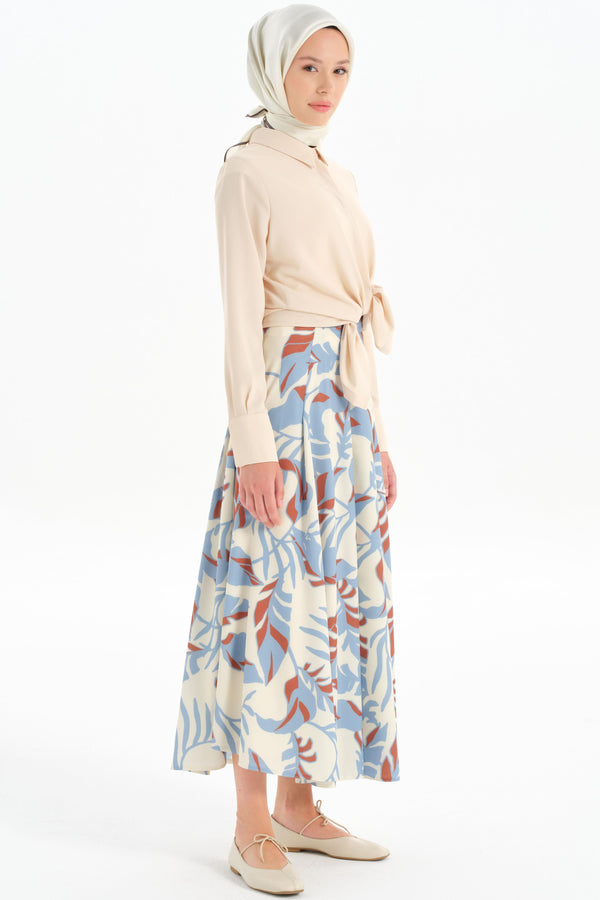 Patterned Pleated Detail Skirt - Blue