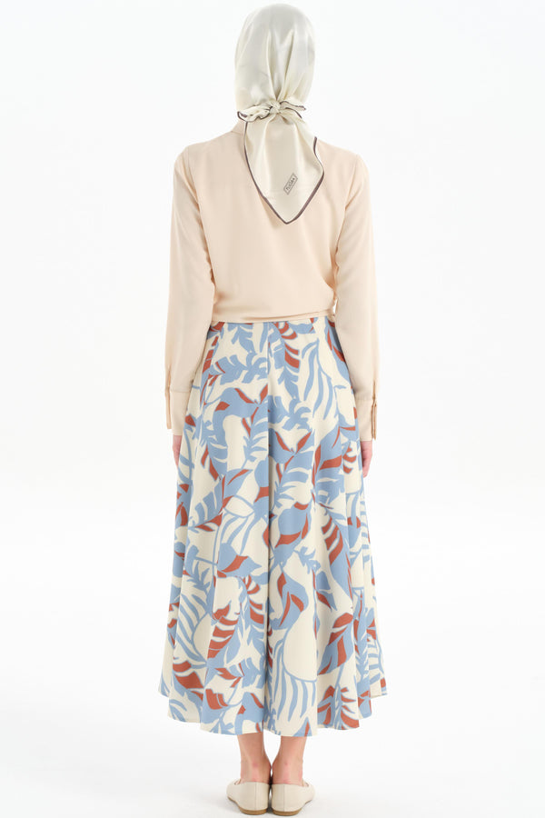 Patterned Pleated Detail Skirt - Blue