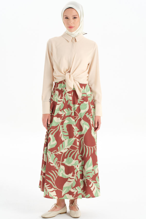 Patterned Pleated Detail Skirt - Green