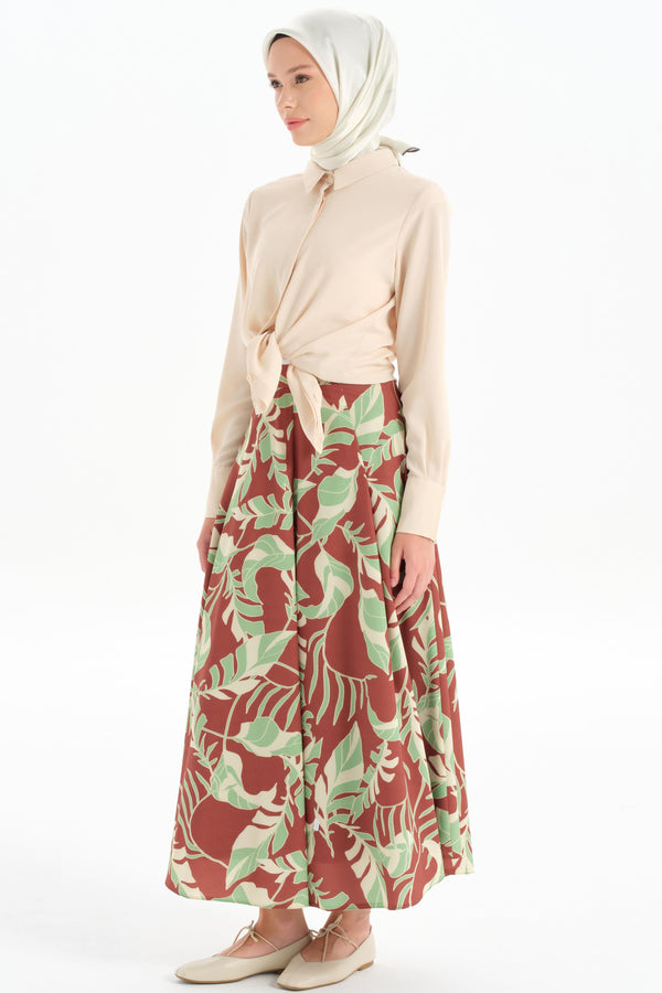 Patterned Pleated Detail Skirt - Green