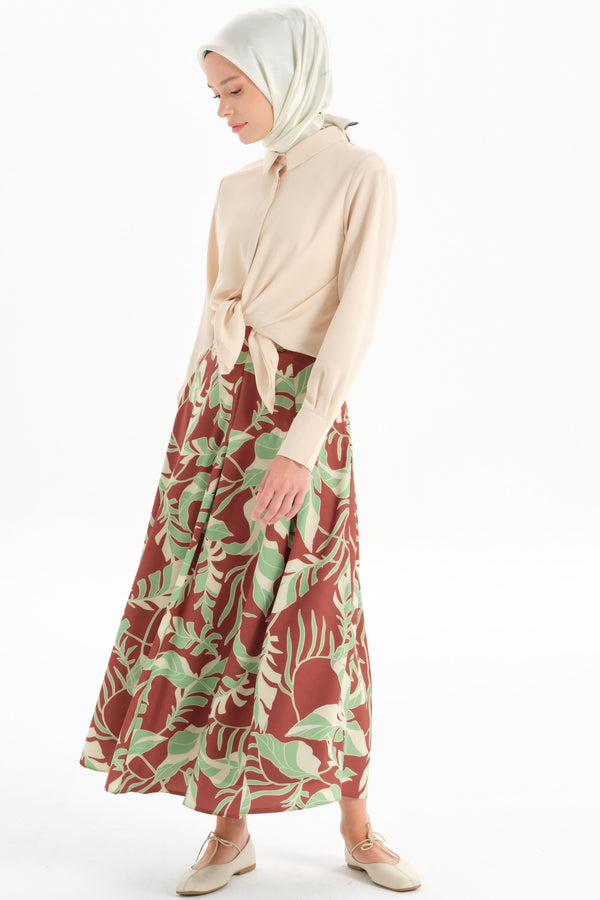 Patterned Pleated Detail Skirt - Green